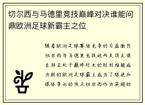 切尔西与马德里竞技巅峰对决谁能问鼎欧洲足球新霸主之位