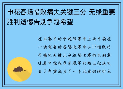 申花客场惜败痛失关键三分 无缘重要胜利遗憾告别争冠希望