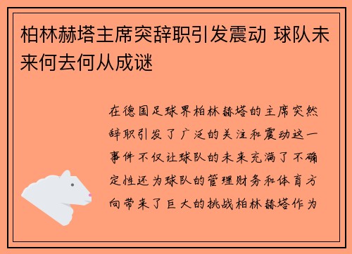 柏林赫塔主席突辞职引发震动 球队未来何去何从成谜