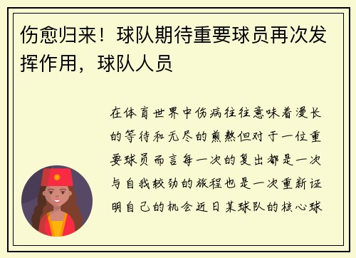 伤愈归来！球队期待重要球员再次发挥作用，球队人员